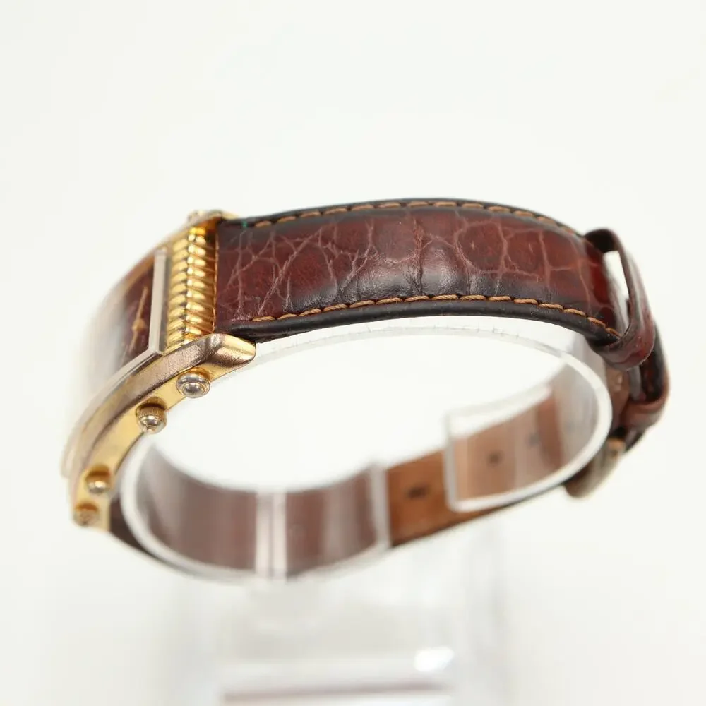 Vintage Fossil Dual Time 25mm Tank Watch Gold Tone Curved Black Dial New Battery